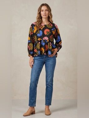 NWOT J.Marie Collections Avery Long Sleeve Black Colorful Floral Peplum Blouse S